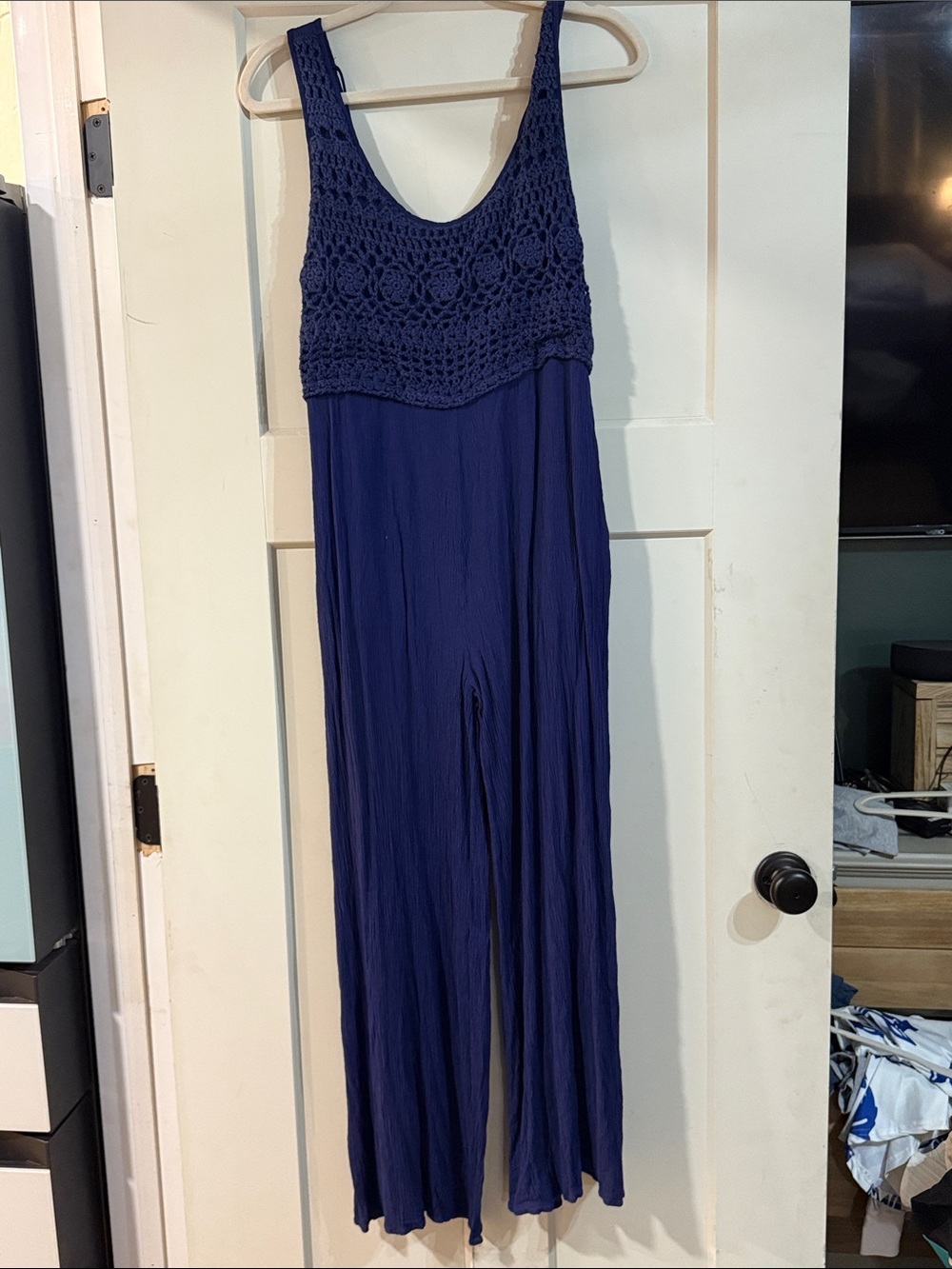 Promesa Navy Crochet-Top Wide-Leg Jumpsuit